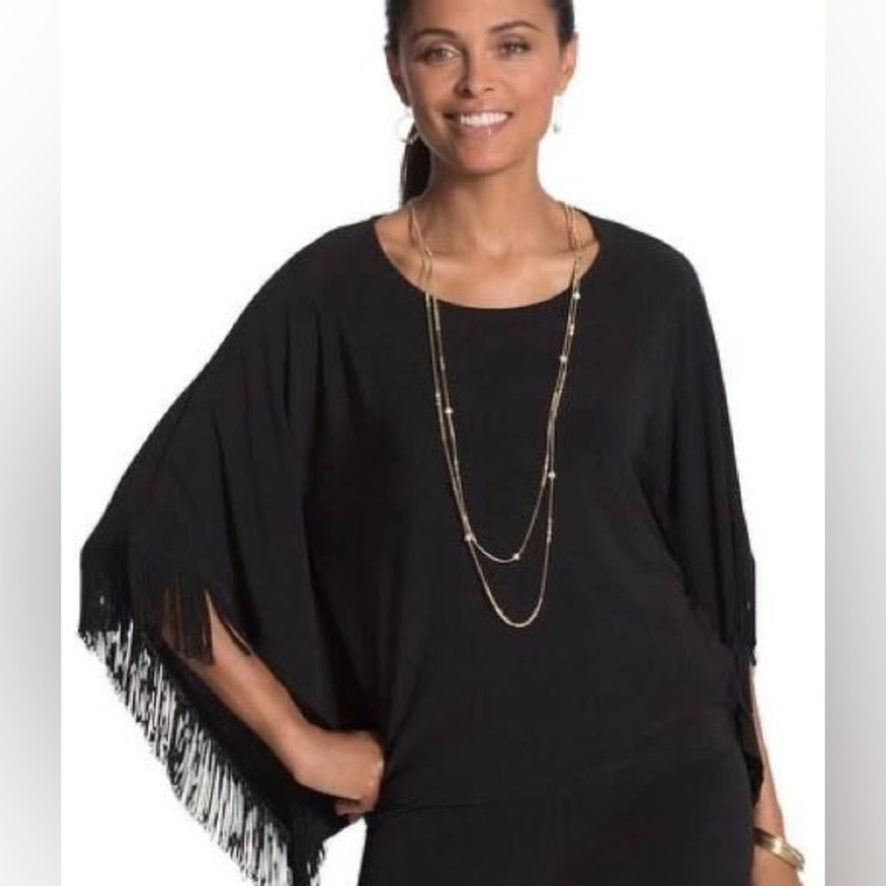 Chico’s Black Fringe Trim Lagenlook Poncho Size S/M Sophisticated Boho
